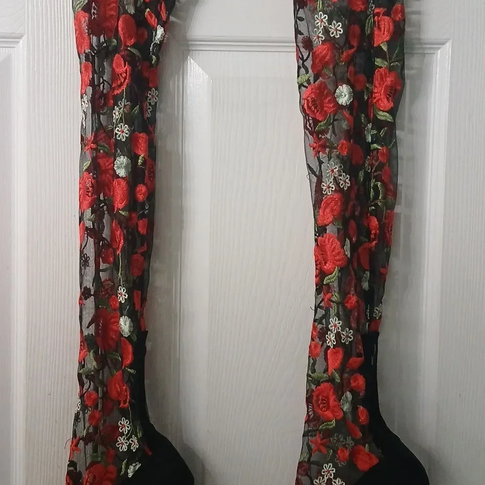 Design for Jacobies over the knee red black floral heeled boots  Sz 9 NWOT